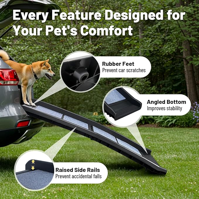 ROBLOCK Folding Dog Ramp for Car, Truck, SUV, Outdoor 61" L Anti-Slip Pet Ramp for Large Dogs, High Bed, Stairs, Couch, with Rug Surface, Raised Siderails, Easy Storage, Supports Up to 150 LBS