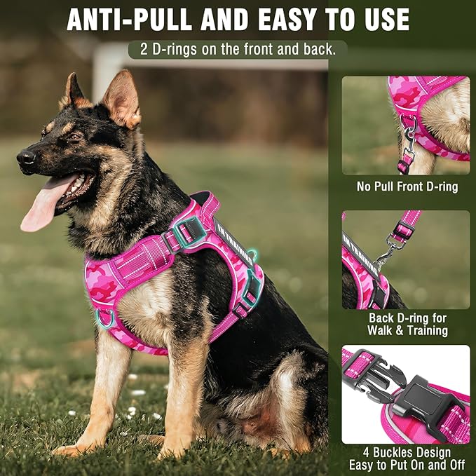 Tactical Service Dog Vest and Leash Set,Heavy Duty No Pull Dog Harness and 10 Patches with Dog Seat Belt for Large Dogs,Reflective Pet Harness for Training Walking Hiking Camo Pink XL
