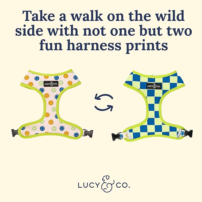 Lucy & Co. Lime Green with Blue Checker Smiley Faces, Cute Reversible Dog Harness Walking Halter - Best Designer Pet Harnesses for XS - XL Dogs - Padded Adjustable Vest for Easy Walking (Large)