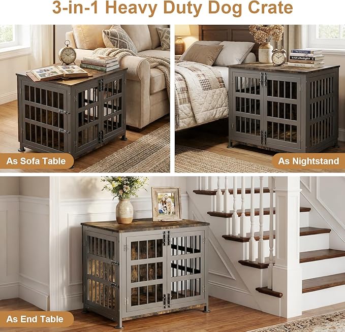 27" Dog Crate Furniture for Small Dogs, Heavy Duty Dog Cage for Small & Medium Dogs with Wheels, Indoor Puppy Crate, 26.6" L x 20.9" W x 23.8" H, Decorate House as TV Stand, End Table — Rustic Brown