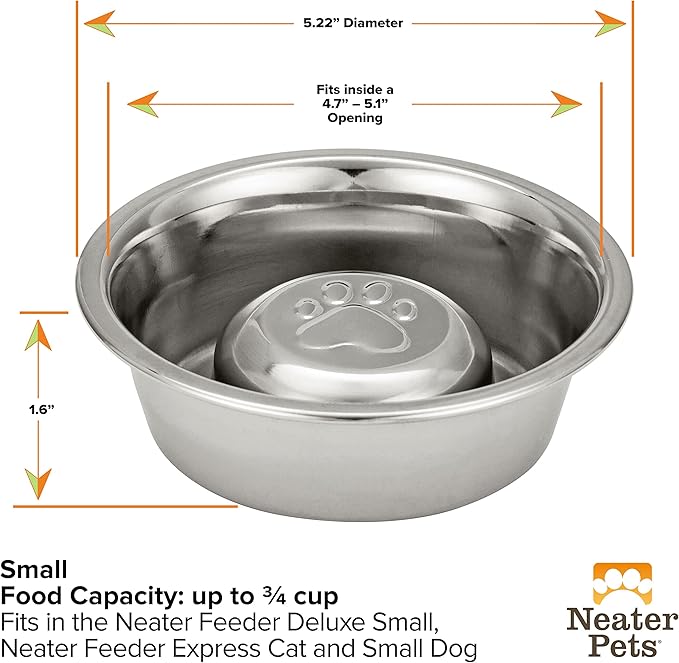 Neater Pet Brands Stainless Steel Slow Feed Dog Bowl for Fast Eating Small Breeds, Metal Slow Feeder Dog Bowl Fits in Cat & Small Neater Feeders, for Puppy or Dogs (< 15 lbs), 3/4 Cup Food Capacity