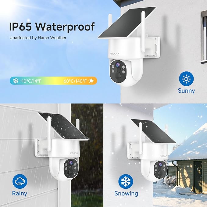 Noorio 2K Solar Security Camera Wireless Outdoor, Fixed Solar Panel/Battery Powered, 4MP, 2.4G/5G WiFi, 360° View, AI Human Detection, Color Night Vision, 2-Way Audio, IP65, for Home Security