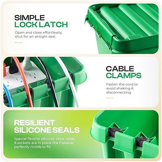 SockitBox – The Original Weatherproof Connection Box – Indoor & Outdoor Electrical Power Cord Enclosure for Timers, Extension Cables, Reels, Transformers, Power Strips, Lights & Tools – Large – Green