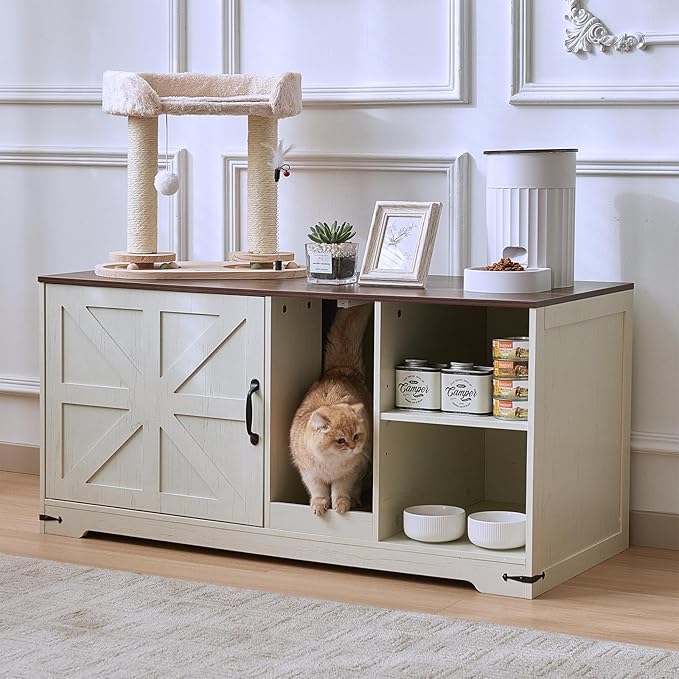 Cat Litter Box Enclosure, Hidden Litter Box Furniture Cabinet with Storage, Cardboard, Light, Wood Indoor Cat House Washroom End Side Table, Farmhouse Style, Antique White