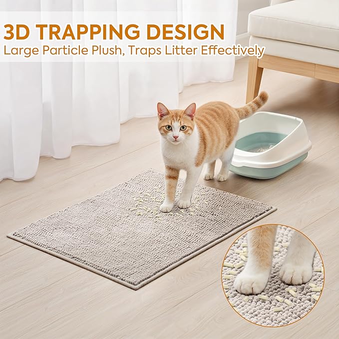 Pieviev Chenille Cat Litter Mat for Litter Box, 36"x30" Soft Ultra Absorbent Mat, Waterproof & Non-Slip, Easy to Clean Litter Trapping Mat for Indoor Cats, Gray