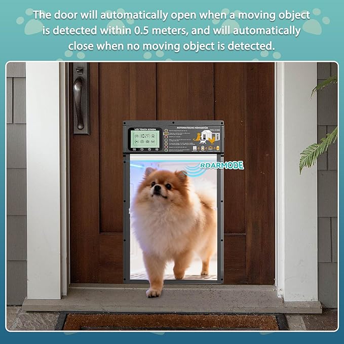 Solar Powered Automatic pet Door, LCD Display, Timer, Light Sensor, Remote Control, 6000mAh Battery, 4 Operation Modes