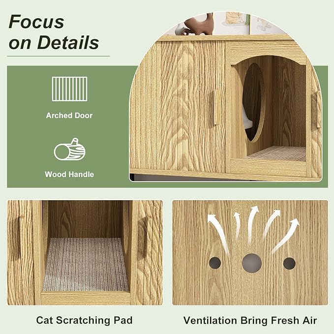Double Cat Litter Box Enclosure Furniture, 59" Large Hidden Litter Box Furniture with Scratching Pad, Wood Pet House for 2 Cats, Indoor Modern Cabinet TV Stand for Living Room, Natural
