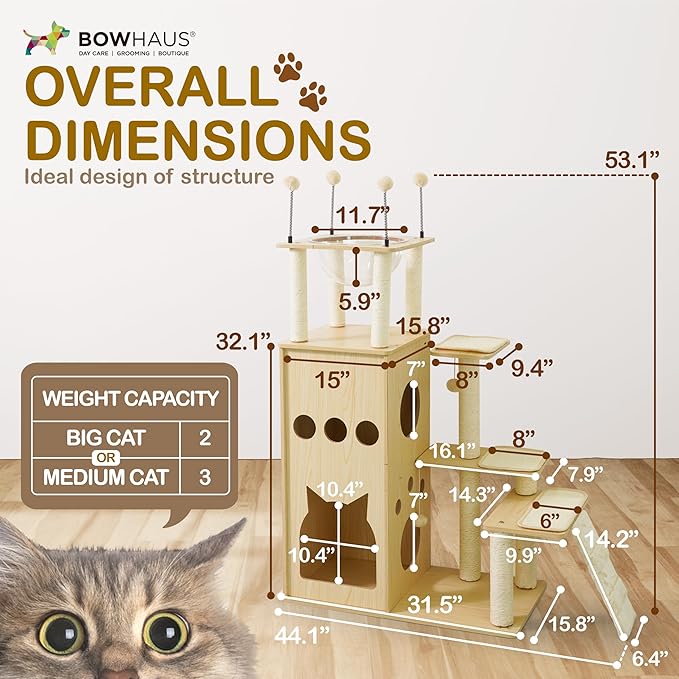 53” Wooden Cat Tree Tower for Indoor Large Cats & Kittens, Modern Tall Cat Climbing Tree w/Cave Condo, Scratching Posts, Space Capsule, Multi-Level Cat Tower w/Interactive Toy & Washable Pad