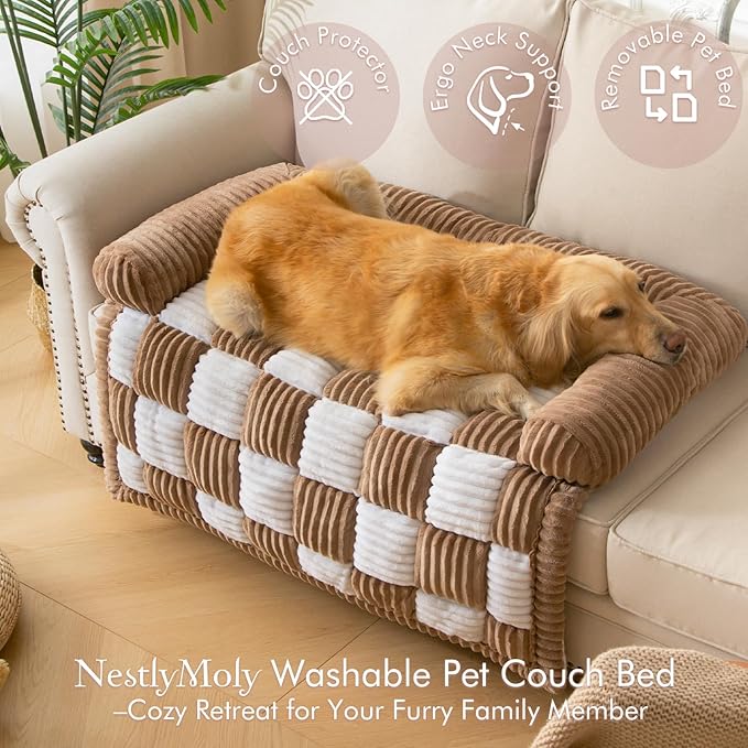 Dog Bed for Couch with Bolster, Comfy Couch Cover for Dogs Washable, Non-Slip Plush Furniture Protector, Calming Fuzzy Lounge Mat, Pet Sofa Accessories (Brown, Large)
