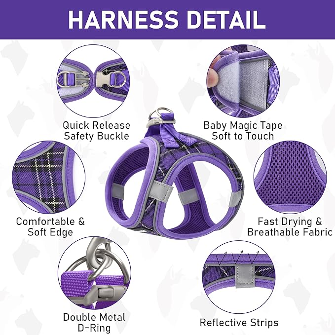 GAMUDA Small Dog Harness Collar and Leash Set, Step in No Chock No Pull Soft Mesh Adjustable Dog Vest Harnesses Plaid Reflective for Dogs Puppy Cats Kitten Rabbit (Purple, S)