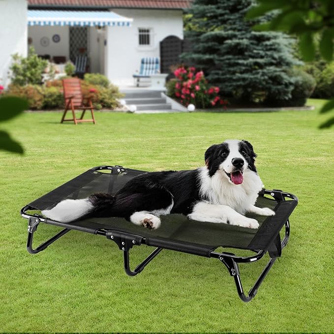 Foldable Elevated Dog Bed, 43"x23"x7"Raised Pet Bed with No Setup, Outdoor DogBed with Breathable Mesh, No-Slip Feet Camping Dog Cots Bed for Large Sized Dogs, Black