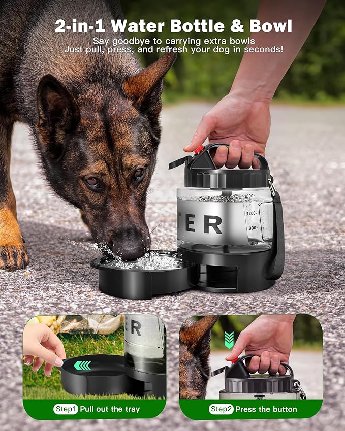 Dog Water Bottle Portable Bowls - 56oz Large Travel Water Bowl Dispenser for Dogs, Pet Camping Beach Essentials Traveling Car Park Accessories, Leak Proof Pet Drinking Dispenser for On The Go, Black