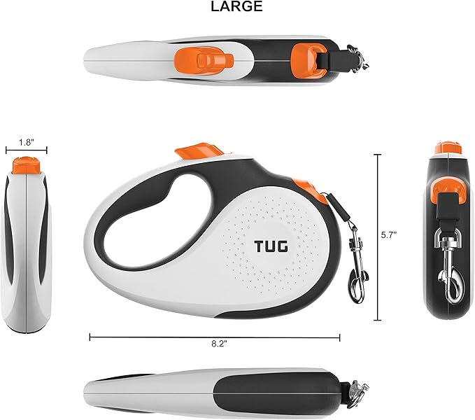 TUG 360° Tangle-Free Retractable Dog Leash with Anti-Slip Handle | 16 ft Strong Nylon Tape | One-Handed Brake, Pause, Lock (Large, White/Orange)
