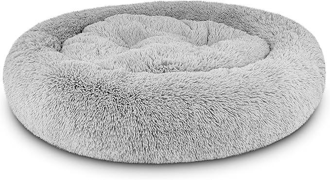 The Dog’s Bed Sound Sleep Donut Dog Bed, XL Silver Grey Fur Calming Nest Bed Removable Cover, Veterinary Approved