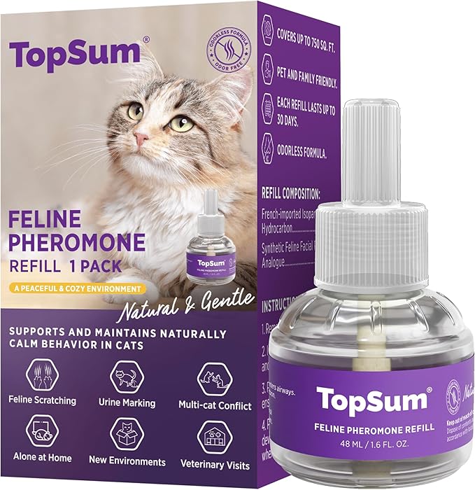 TopSum Cat Calming Diffuser Refill: 1 Refill Cat Pheromones Calming Diffuser Refill – Helps Reduce Scratching Peeing Meowing Hiding Urine Marking Aggression