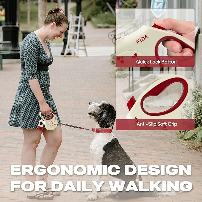Fida Retractable Dog Leash with Dispenser and Poop Bags, 16 ft Pet Walking Leash for Small Dog or Cat up to 26 lbs, Anti-Slip Soft Handle, Tangle Free, Reflective Nylon Tape (S, Cherry)