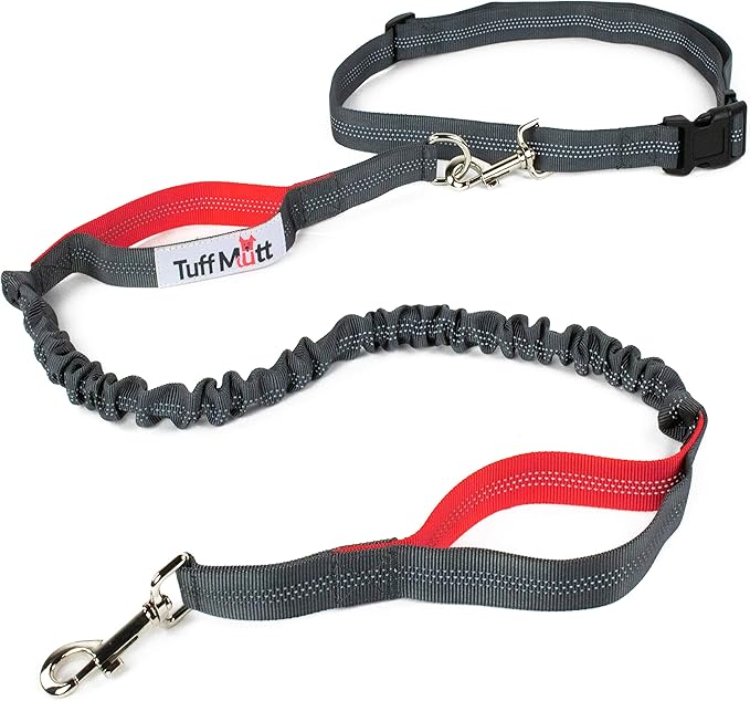 Tuff Mutt Hands-Free Waist Leash for Dog Walking, Running and Hiking, Adjustable Belt with Double Handle, Reflective Bungee Design for Large & Medium Dogs