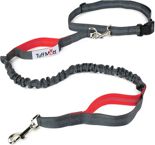 Tuff Mutt Hands-Free Waist Leash for Dog Walking, Running and Hiking, Adjustable Belt with Double Handle, Reflective Bungee Design for Large & Medium Dogs