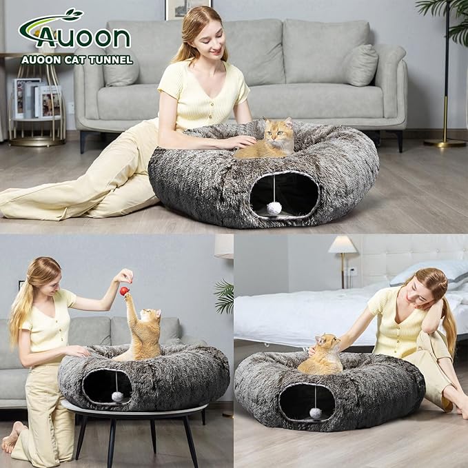 AUOON Cat Tunnel Bed - Christmas Tree Cat Tunnel, Cat Donut Tunnel with Soft Plush Circle Cushion for Indoor Cats Kitten Kitty Puppy Rabbit Ferret (Brown)