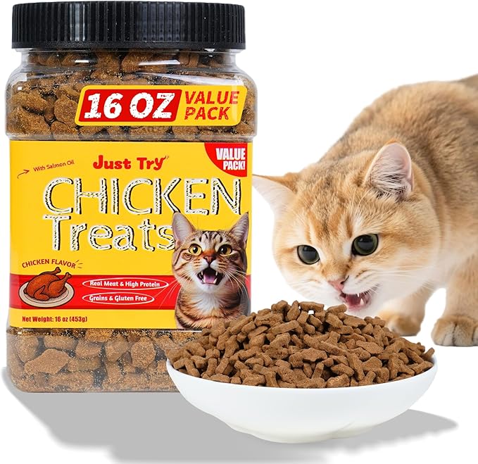 Just Try 16 OZ Chicken Cat Treats with Taurine for Indoor Cats, High Protein Low-Calorie Cat Snacks, Healthy Crunchy Treats, Grain-Free Health Biscuit and Training Treats