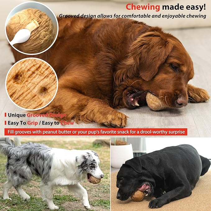 Willjoy 2-Pack Dog Chew Toys for Aggressive Chewers, Indestructible Ball-Shaped Dog Toys with Natural-Looking Grooved Texture, Durable Pine Wood & Tough Nylon, Bacon Flavor for Large Dogs