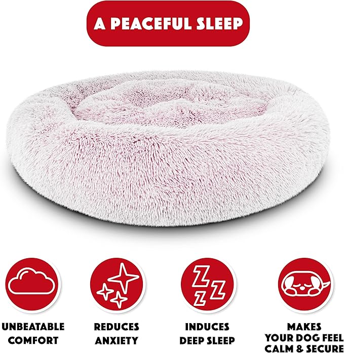 The Dog’s Bed Sound Sleep Original Calming Dog & Cat Bed, Anti-Anxiety Large Rose Pink Fur Donut Nest Snuggler, with Removable Cover, Veterinary Approved