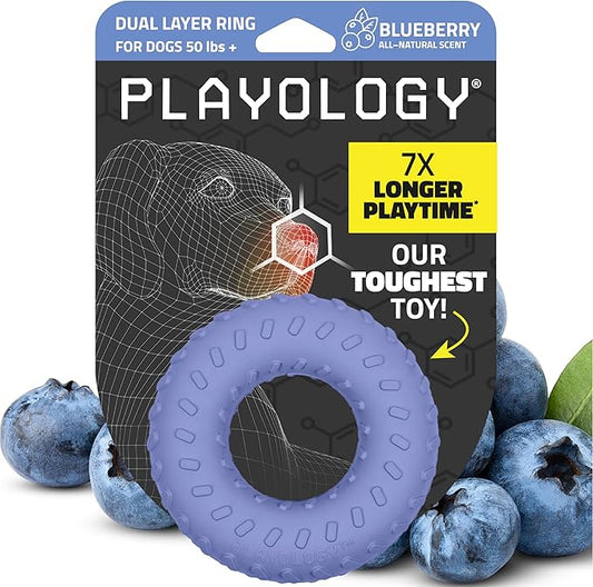 Playology Dog Toys | Dual Layer Ring Durable Chew Toy for Aggressive Chewers | Jumbo Blueberry Scented Toy - Easy to Clean and Made from Non Toxic Materials