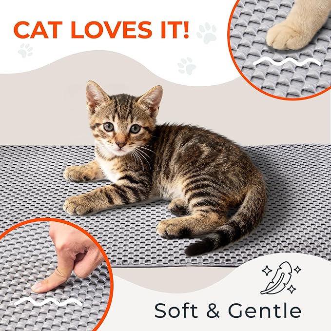 BurgeonNest PVC Foam Cat Litter Mat 24x15 inch, Soft on Paws, Double Layer Litter Trapping, Urine-Proof Water Resistant, Easy Clean Scatter Control (Gray)