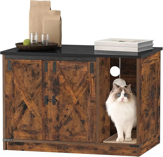 Cat Litter Box Enclosure, Hidden Litter Box Cabinet Furniture with Bell, Indoor Cats House, Farmhouse Style, 31.5 x 19.7 x 20.9Inches, for Hallway, Bedroom, Rustic Brown and Black CB82401X