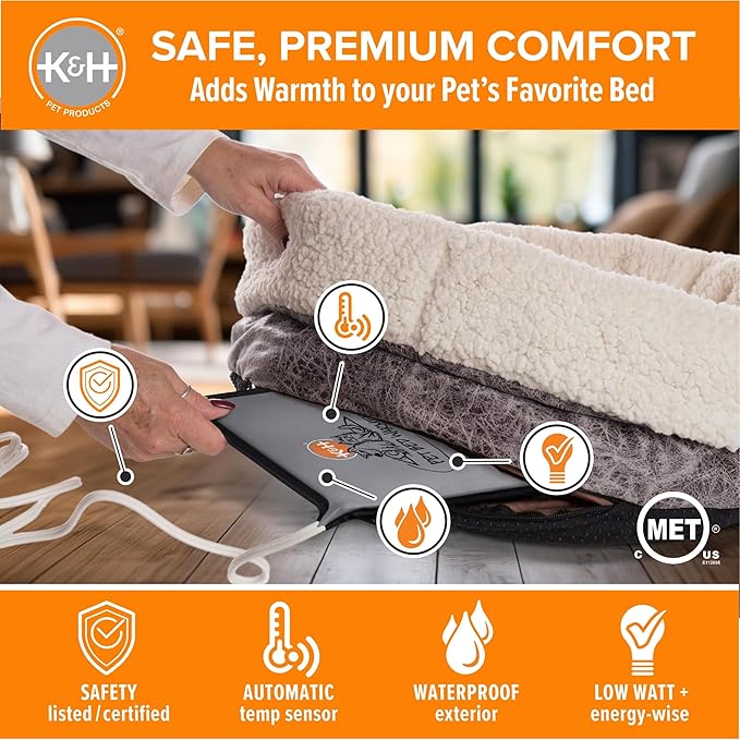 K&H Pet Products Pet Bed Warmer, Turn Any Pet Bed Into a Heated Cat or Dog Bed, Waterproof Indoor Heated Warming Pad Insert, Automatic Temperature, Safety Listed - Large 24.5 X 11.75in Gray