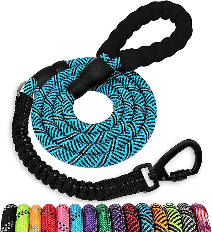 Rope Dog Leash 6 FT: Heavy Duty Leashes with Swivel Lockable Hook Reflective Threads Bungee and Padded Handle - Dog Lead for Large Small Medium Dogs Outside Walking Hiking Blue Black