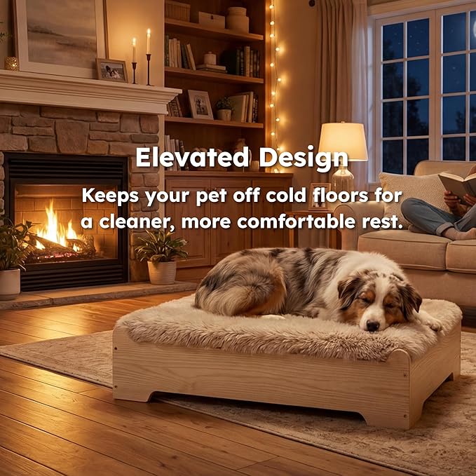 GLOSSGODS Elevated Dog Bed and Mattress with Removable Washable Cover, Egg Crate Foam, Wooden Frame, Suitable for Pet Up to 90 lbs, Naturalwood XL