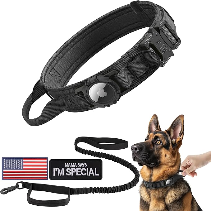 Tactical AirTag Dog Collar Leash Set - Heavy Duty, Adjustable GPS Collar Compatible with Apple AirTag, with Holder & Control Handle for Medium/Large Dogs [ Black, M ]