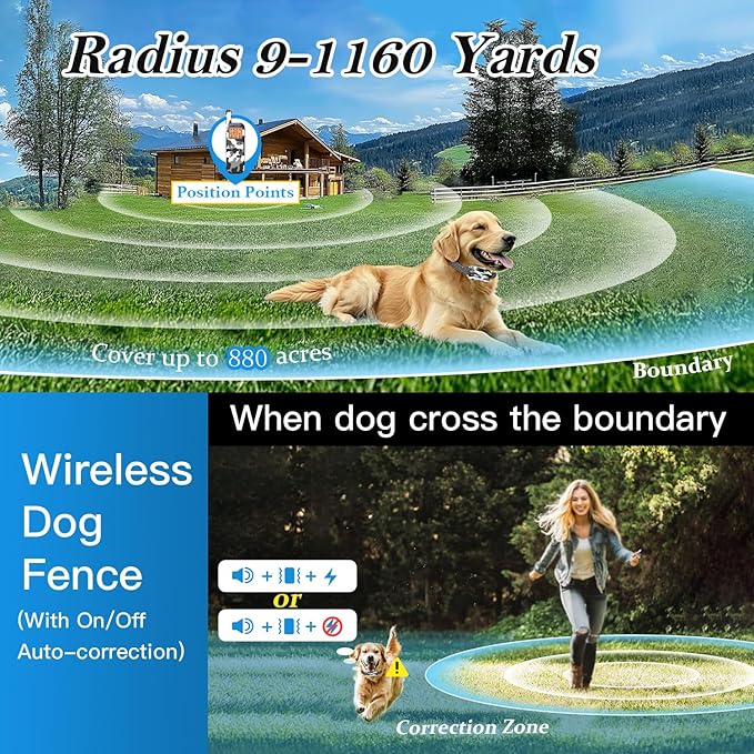 GT1 Wireless Dog Fence & Ultrasonic Training Collar -1160-Yard Adjustable Boundary for Outdoor, 6100FT Remote, 4 Modes (Beep/Vibration/Static/Ultrasonic), Waterproof, 185-Day Standby, 2 Dogs