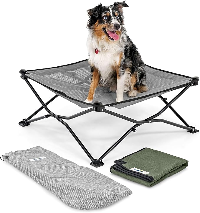 Coolaroo On-The-Go Elevated Dog Bed Kit – Portable & Cooling Travel Cot with HeatShield Fabric for Medium Dogs, Lightweight & Compact, Includes Matching Carry Bag & Everglade Green Bonus Cover, Medium