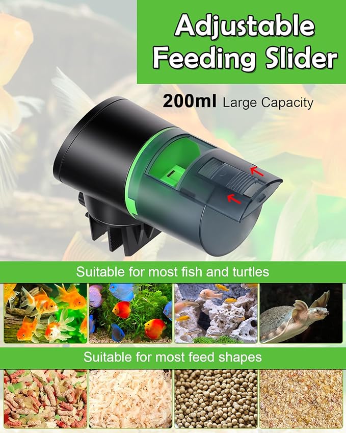 Automatic Fish Feeder for Aquarium - Rechargeable Fish Food Auto Dispenser Vacation Turtle Feeder with USB Charger Cable，LCD Screen, Customized Schedule，Black