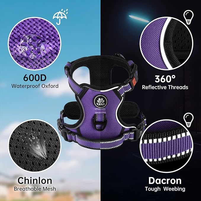 NESTROAD No Pull Dog Harness,Adjustable Oxford Dog Vest Harness with Leash,Reflective No-Choke Pet Harness with Easy Control Soft Handle for Large Dogs(X-Large,Purple)