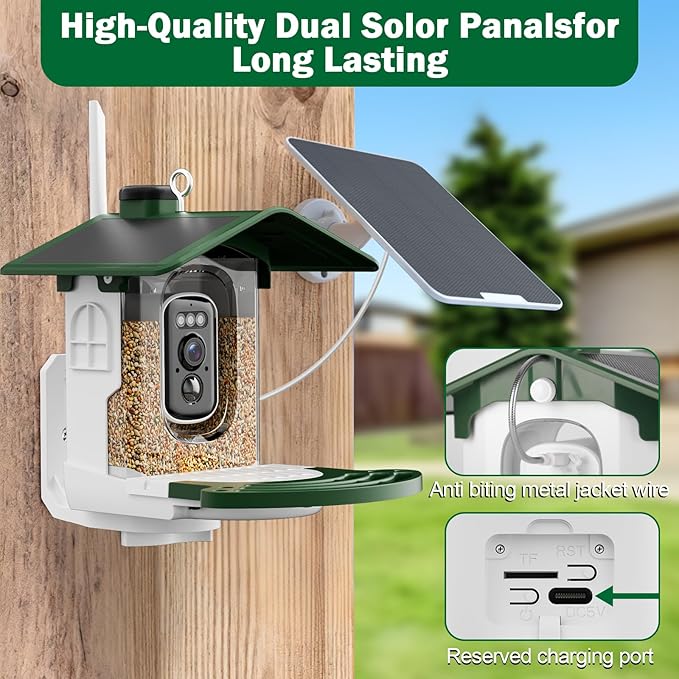 Smart Bird Feeder with Camera Solar Powered - AI Bird Identification, 2.4Ghz WiFi, 2K HD Video Live Stream Camera, 3MP Photos, 2.9in Focus, Gifts for Mom Dad Birdlovers, Green