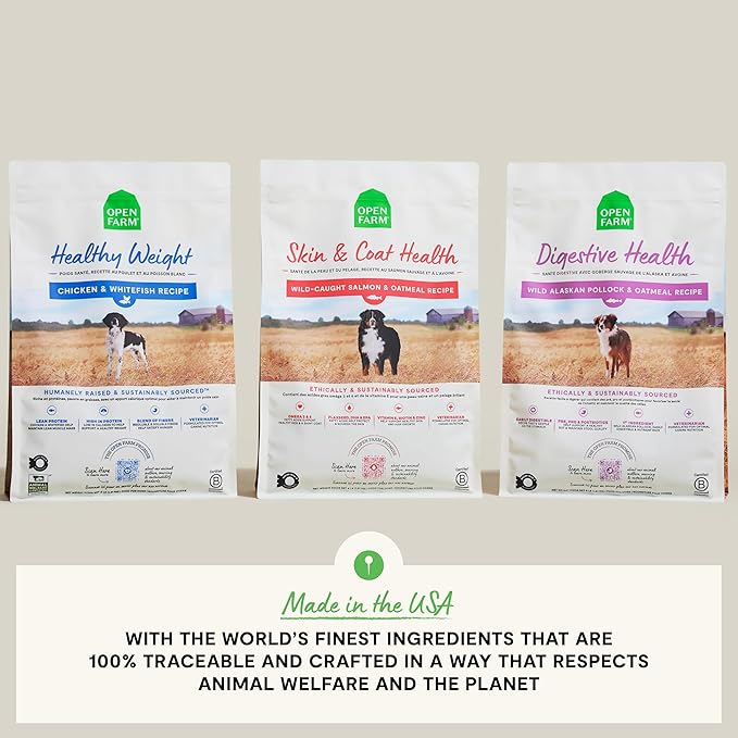 Open Farm, Skin & Coat Health Dog Food, Veterinarian Formulated Kibble with Salmon Oil and Vitamin E to Support Healthy Skin & A Shiny Coat, Wild-Caught Salmon & Oatmeal Recipe, 22lb Bag