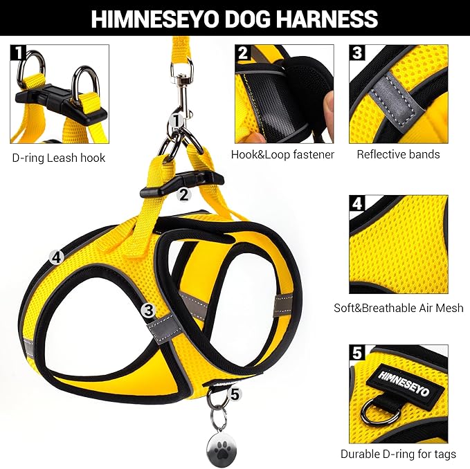 Dog Harness and Leash Set, Dog Harness for Dogs No Pull, No-Chock Step-in Reflective Breathable Lightweight Easy Walk Vest Harnesses with Safety Buckle for Small Medium Dogs, Cats (Yellow, L)