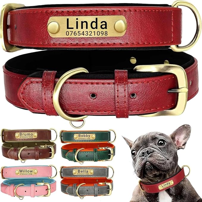 Leather Dog Collar Personalised and Leash Set, Personalized with Soft Padded Design Heavy Duty Featuring Custom Engraved Name Plate for Small Medium and Large Dogs
