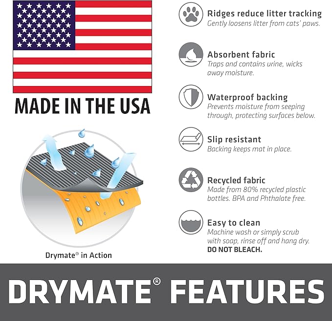 Drymate Corner Cat Litter Trapping Mat (Ridged Design), Traps Mess from Box, Protects Floors, Urine-Proof, Machine Washable, Soft on Kitty Paws, Absorbent, Waterproof (USA Made, Recycled Content)