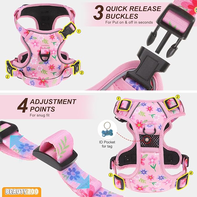 BEAUTYZOO No Pull Dog Harness and Leash Set with 2 Metal Leash Clips - Overhead-Free 3 Snap Buckles Design, Adjustable No-Choke Soft Padded Reflective Oxford Pet Vest for Small Medium Large Dogs, Pink