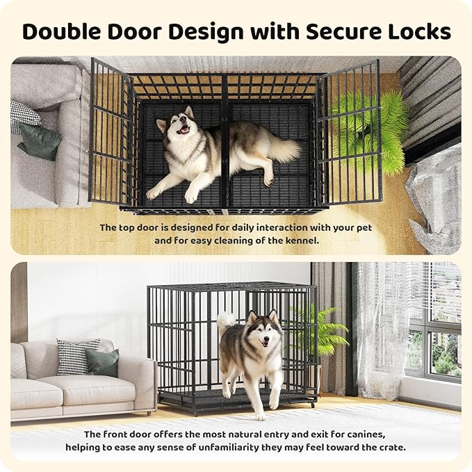 Heavy Duty Indestructible Dog Crate 54in with Removable Trays, Escape-Proof Double Door for High Anxiety Dog, Kennel with Lockable Wheels for Medium Large XL XXL Dogs