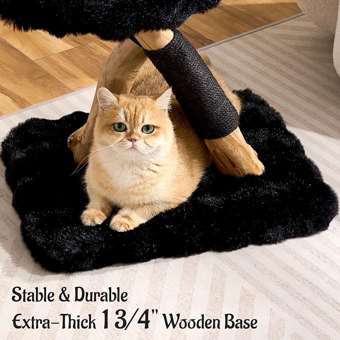 Natural Wood Cat Tree for Indoor Cats Adults, 33in Modern Cat Tree Tower with Super Soft Plush Cat Bed & Perch, Sisal Scratching Posts and Hanging Plush Ball, Sheen Black