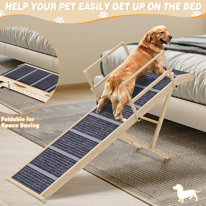 Dog Ramp for Bed, 64" Foldable for Large Small Dogs, Extra Width 18" for Dogs to Get on Bed Car, Portable Pet with Two Safety Side Rails and 6 Adjustable Heights from 24.6" to 30"