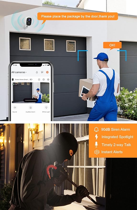 Dzees Outdoor Camera Wireless, 2K Battery Powered WiFi Surveillance Camera for Home Security System with Siren Alarm & Spotlight, Motion Detection, Color Night Vision, IP65 Waterproof Cloud/SD-2-Pack