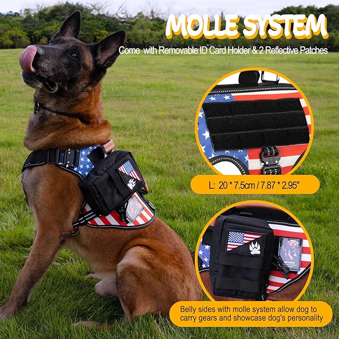 Service Dog Vest - HEYCAHVA Tactical Dog Harness Full Metal Buckles for Large Medium Dogs Reflective No Pull Dog Harnesses with Leather Handle, Hook & Loop for Hiking Training (Flag, L)