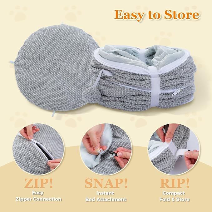 PEQULTI Cat Donut Tunnel with Bed for Indoor Cats, Cat Play Tunnel with Washable Soft Plush Mat, Round Tube Toys Cute Tube for Kittens, Puppies, Rabbits and Ferrets, Grey