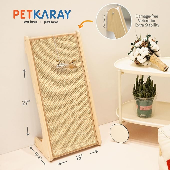 PETKARAY Cat Scratcher, Sisal Cat Scratching Ramp, L Shape Scratch Pad for Indoor Kitty, 27" Wall Furniture Protector with Mouse Toy